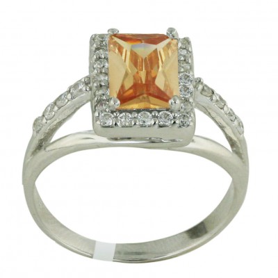 Sterling Silver Ring 12X10mm Champagne Cubic Zirconia Square Princess Cut with Clear Cubic Zirconia Lin