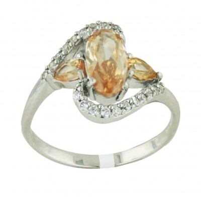 Sterling Silver Ring 5mm Champagne Cubic Zirconia Oval+Tear Drop Sides with Clear Cubic Zirconia Zig Za