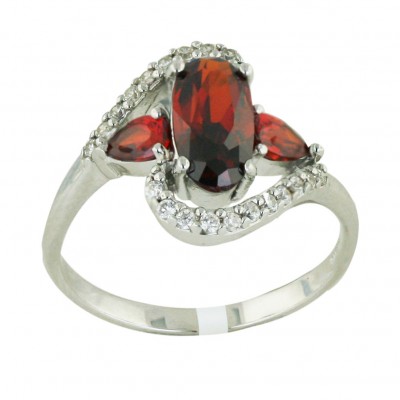 Sterling Silver Ring 5mm Garnet Cubic Zirconia Oval+Tear Drop Sides with Clear Cubic Zirconia Zig Za