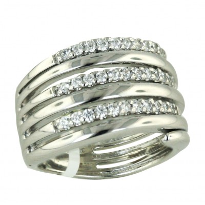 Sterling Silver Ring Triple Clear Cubic Zirconia+Plain Lines--Rhodium Plating/Nickle Free--