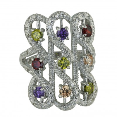 Sterling Silver Ring Amethyst+Olivine+Champagne+Garnet Cubic Zirconia Round with Wayv Lines--Rhodium Plating/Nickle Free-