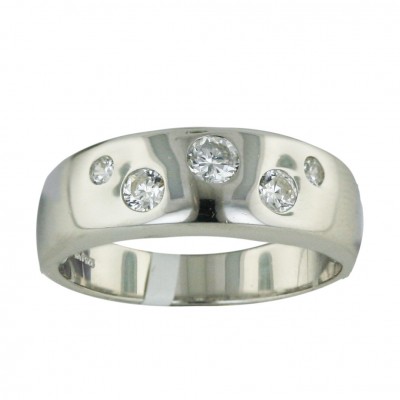 Sterling Silver Ring 5 Pc Clear Cubic Zirconia Round on Plain Band--Rhodium Plating/Nickle Free--