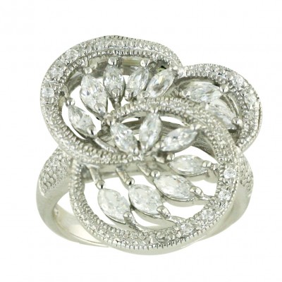 Sterling Silver Ring Clear Cubic Zirconia Marquis with Open Clear Cubic Zirconia Flower--Rhodium Plating/Nickle Free--