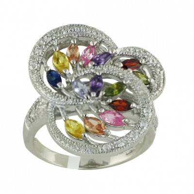Sterling Silver Ring Citrine+Champagne+Amethyst+Olivine+Pink+Garnet +Black Cubic Zirconia Marquis with Clear Cubic Zirconia Op