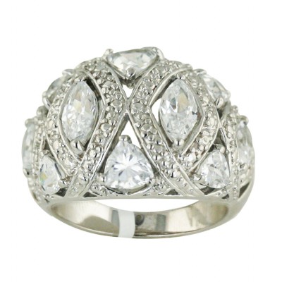 Sterling Silver Ring Clear Cubic Zirconia Marquis+Trillion--Rhodium Plating/Nickle Free--