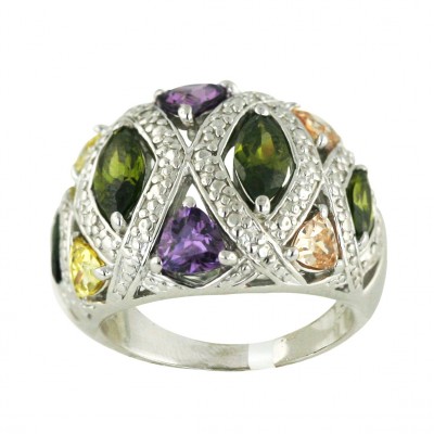 Sterling Silver Ring Olivine+Amethyst+Citrine+Champagne Cubic Zirconia Cubic Zirconia Marquis+Trillion--Rhodium Plating/Nickle Free