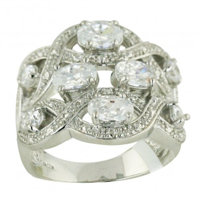 Sterling Silver Ring Clear Cubic Zirconia Round with Figure "8" Twisted Around--