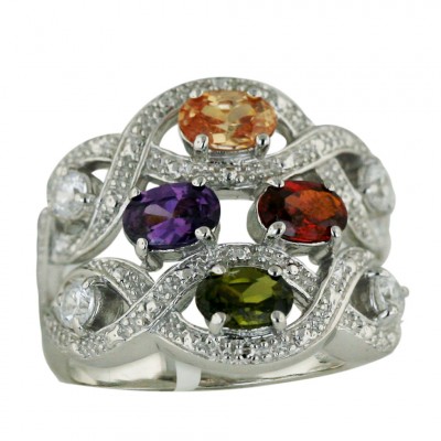 Sterling Silver Ring Amethyst+Champagne+Garnet +Olivine Cubic Zirconia Round with Figure "8" Twisted