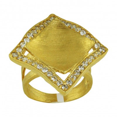 Sterling Silver Ring 29X29mm 2 Tone Gold Tilted Rhombus with Clear Cubic Zirconia