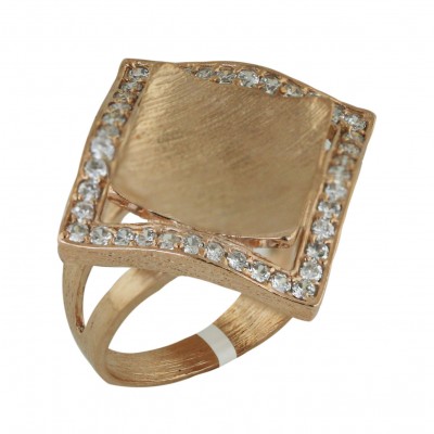 Sterling Silver Ring 29X29mm Rosegold Tone Tilted Rhombus with Clear