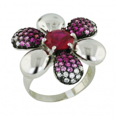 Sterling Silver Ring 9mm #5 Synthetic Ruby with #2 Ruby Leaf+Clear Cubic Zirconia--Black