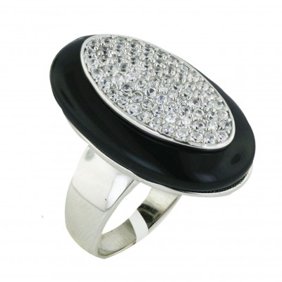 Sterling Silver Ring 28X18mm Onyx Oval with Clear Cubic Zirconia Ctr--Rhodium Plating/Nickle Free--