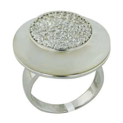 Sterling Silver Ring 25mm White Mother of Pearl Round with Clear Cubic Zirconia Ctr--Rhodium Plating/Nickle Free-