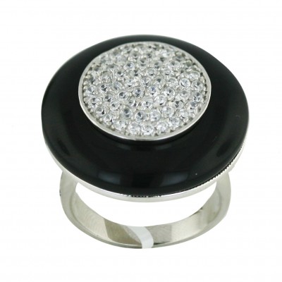 Sterling Silver Ring 25mm Onyx Round with Clear Cubic Zirconia Ctr--Rhodium Plating/Nickle Free--