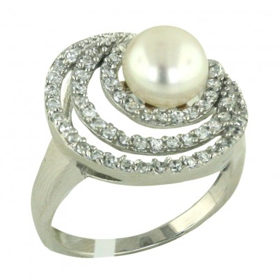 Sterling Silver Ring 8mm White Fresh Water Pearl with 3 Clear Cubic Zirconia Moon Lines--Rhodium Plating/Nickle Free