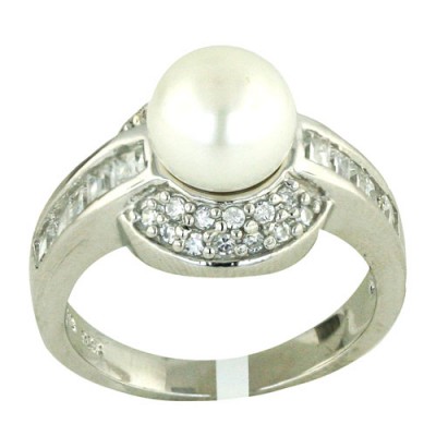 Sterling Silver Ring 8.5mm White Fresh Water Pearl with Clear Cubic Zirconia Around+Baguette Si