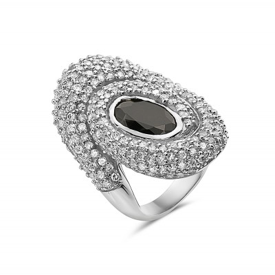 Sterling Silver Ring 23mm Black Cubic Zirconia Oval Bezel Set with Clear Cubic Zirconia Swirl Ar