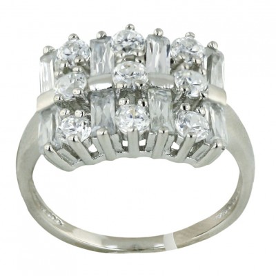 Sterling Silver Ring 4 Clear Cubic Zirconia Baguette with Cubic Zirconia Between--Rhodium Plating/Nickle Free--