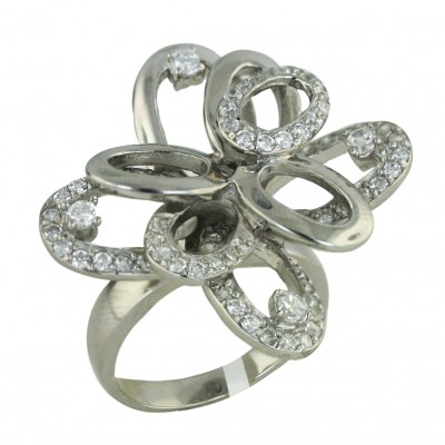 Sterling Silver Ring Clear Cubic Zirconia+Plain Open Flower Petals+Oval--Rhodium Plating/Nickle Free-