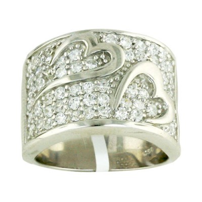 Sterling Silver Ring Clear Cubic Zirconia Concave with Double Heart