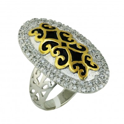 Sterling Silver Ring 31X18mm Oval Gold Tone Filigree with Black Epoxy