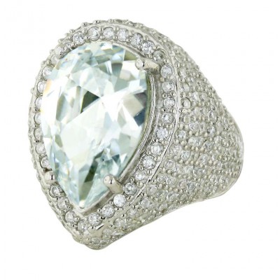 Sterling Silver Ring 26X18mm Clear Cubic Zirconia Tear Drop with 4 Prongs--Rhodium Plating/Nickle Free--