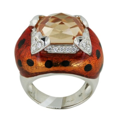 Sterling Silver Ring Rectangular Champagne Cubic Zirconia with Brown (#Rc11) +Black Dot Epoxy E