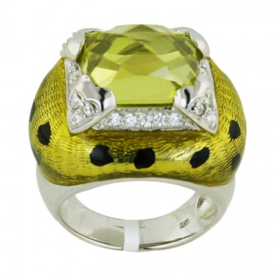 Sterling Silver Ring Rectangular Light Olivine Cubic Zirconia with Yellow+Black Dot Epoxy