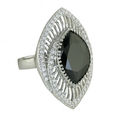 Sterling Silver Ring Marquis Black Cubic Zirconia with Open Lines