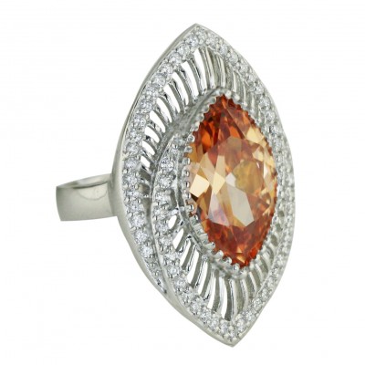 Sterling Silver Ring Marquis Champagne Cubic Zirconia with Open Lines