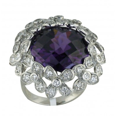 Sterling Silver Ring Chess Cut Dome Ame Cubic Zirconia with Clear Cubic Zirconia Flower Aro