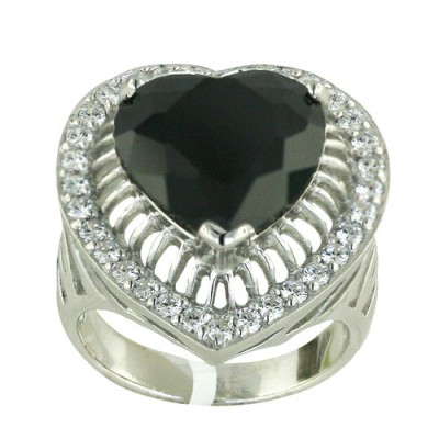 Sterling Silver Ring Black Cubic Zirconia Heart with Open Lines