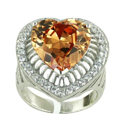 Sterling Silver Ring Champagne Cubic Zirconia Heart with Open Lines