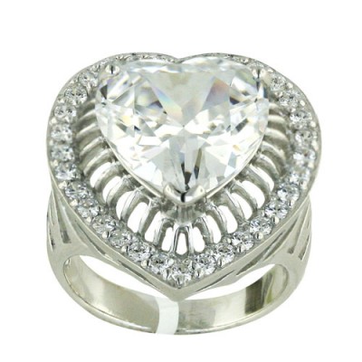 Sterling Silver Ring Clear Cubic Zirconia Heart with Open Lines