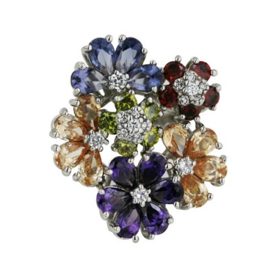 Sterling Silver Ring 5 Garnet +Champagne+Olivine+Ame+Cubic Zirconia Flower