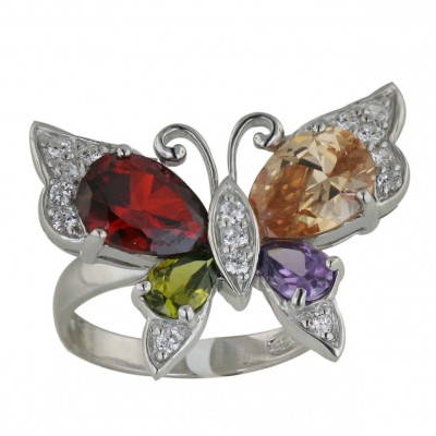Sterling Silver Ring Garnet +Olivine+Champagne+Ame Cubic Zirconia Butterfly - 9