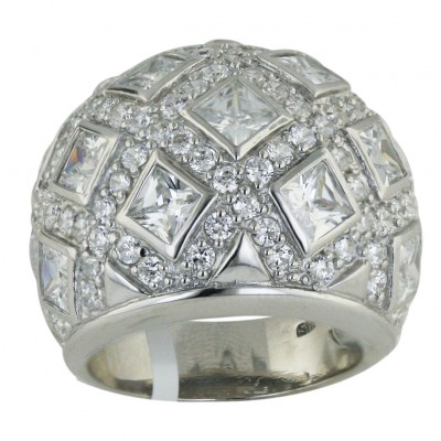Sterling Silver Ring Pave Clear Cubic Zirconia Dome with Square Bezel