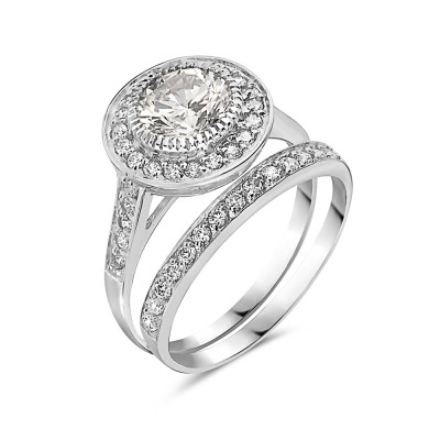 Sterling Silver Ring (2Pcs Pcs Sets) Oval Clear Cubic Zirconia+Around