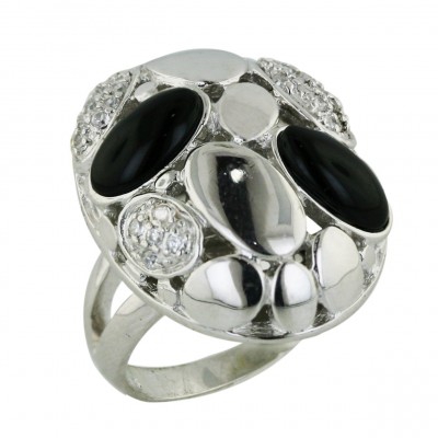 Sterling Silver Ring 25X18mm Onyx+Clear Cubic Zirconia+Plain Oval Cluster--Rhodium Plating