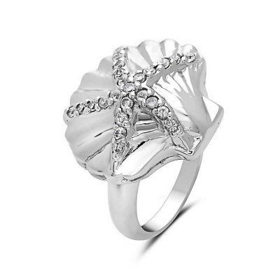 Sterling Silver Ring 18mm Clear Cubic Zirconia Starfish with Sea Shell Plain Line