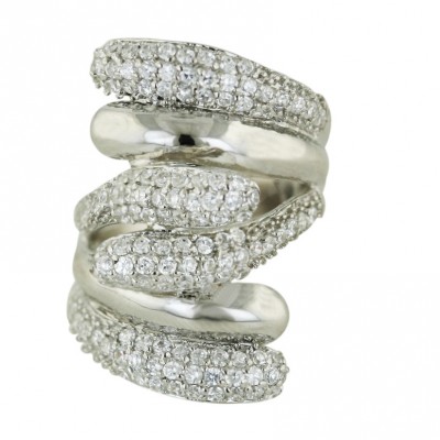 Sterling Silver Ring 4 Clear Cubic Zirconia+2 Plain Lines--Rhodium Plating/Nickle Free--