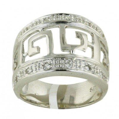 Sterling Silver Ring Clear Cubic Zirconia Side Plain Greek Key --Rhodium Plating/Nickle Free--