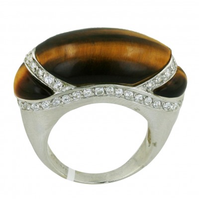 Sterling Silver Ring Tiger Eye Concave with Clear Cubic Zirconia Sides-Rhodium Plating/Nickle Free--