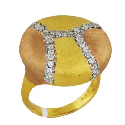 Sterling Silver Ring 23mm 2 Tone Gold+Rosegold Round with Clear Cubic Zirconia Li