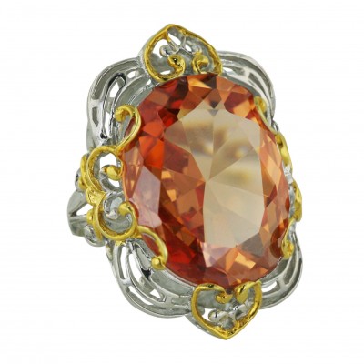 Sterling Silver Ring 27X21mm Champagne Cubic Zirconia Oval with 2 Tone Gold+Silver Sw