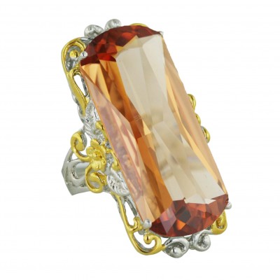 Sterling Silver Ring 38X18mm Champagne Cubic Zirconia Oval 2 Tone Gold+Silver Open