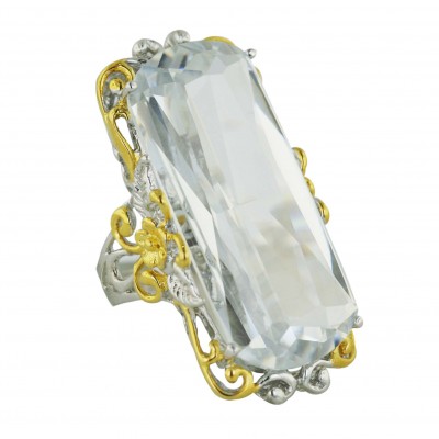 Sterling Silver Ring 38X18mm Clear Cubic Zirconia Oval 2 Tone Gold+Silver Open