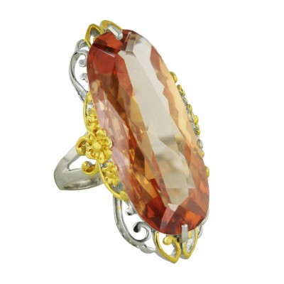 Sterling Silver Ring 34X16mm 2 Tone Gold+Silver Swirl+Flower with Champagne