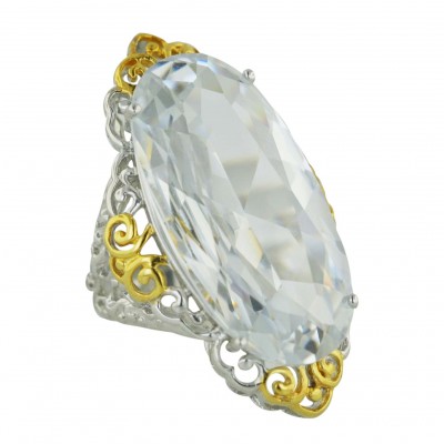 Sterling Silver Ring 35X18mm 2 Tone Gold+Silver Filigree with Clear C