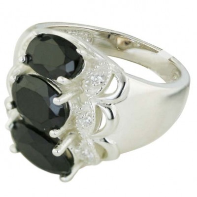 Sterling Silver Ring Black Cubic Zirconia Round with Wavy Clear Cubic Zirconia Sides--Rhodium Plating/Nickle Free--